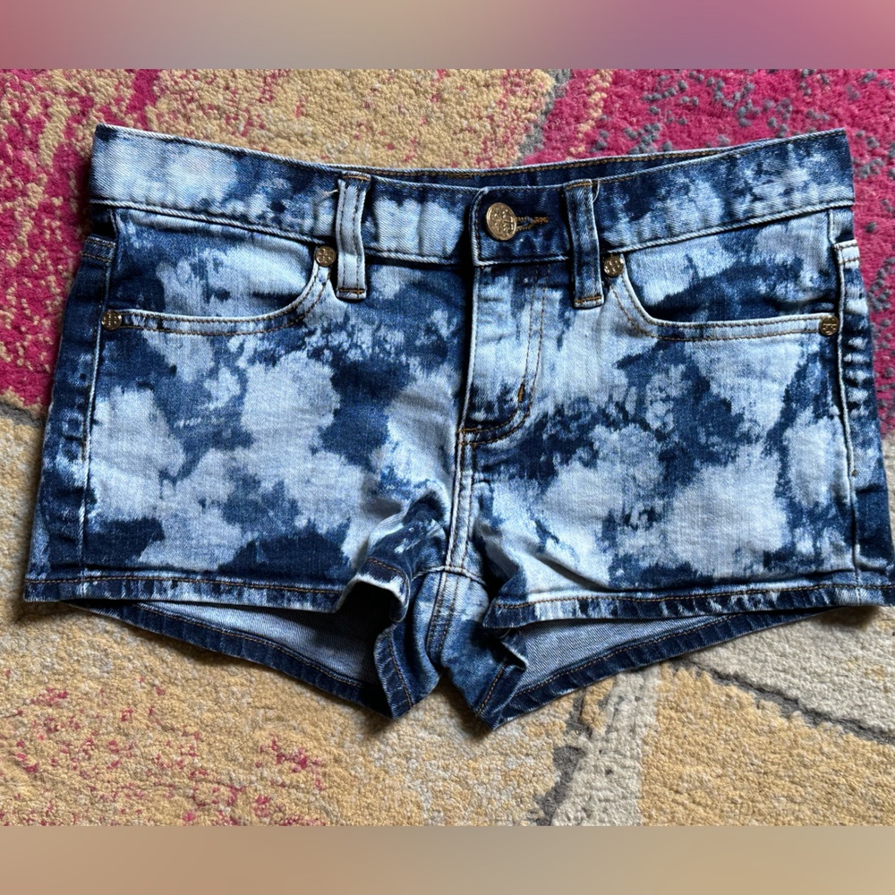 Tory Burch blue jeans shorts boho tie dye size 25 logo buttons rivets pockets*